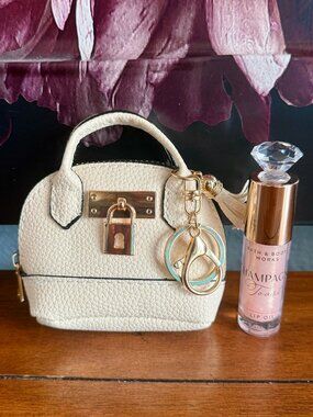 NEW 2-Pc Mini Keychain Handbag/Tassel & Keychain Coin Purse White & Lip Oil